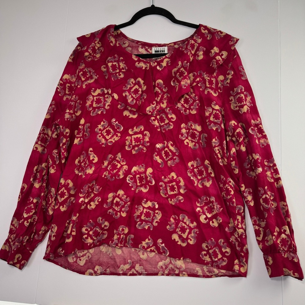 Leslie Fay Sportswear Red Geometric Print Ruffle Collar Blouse Plus Size 18